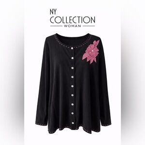 NY Collection Black Embroidered Floral Button Cardigan | 2X